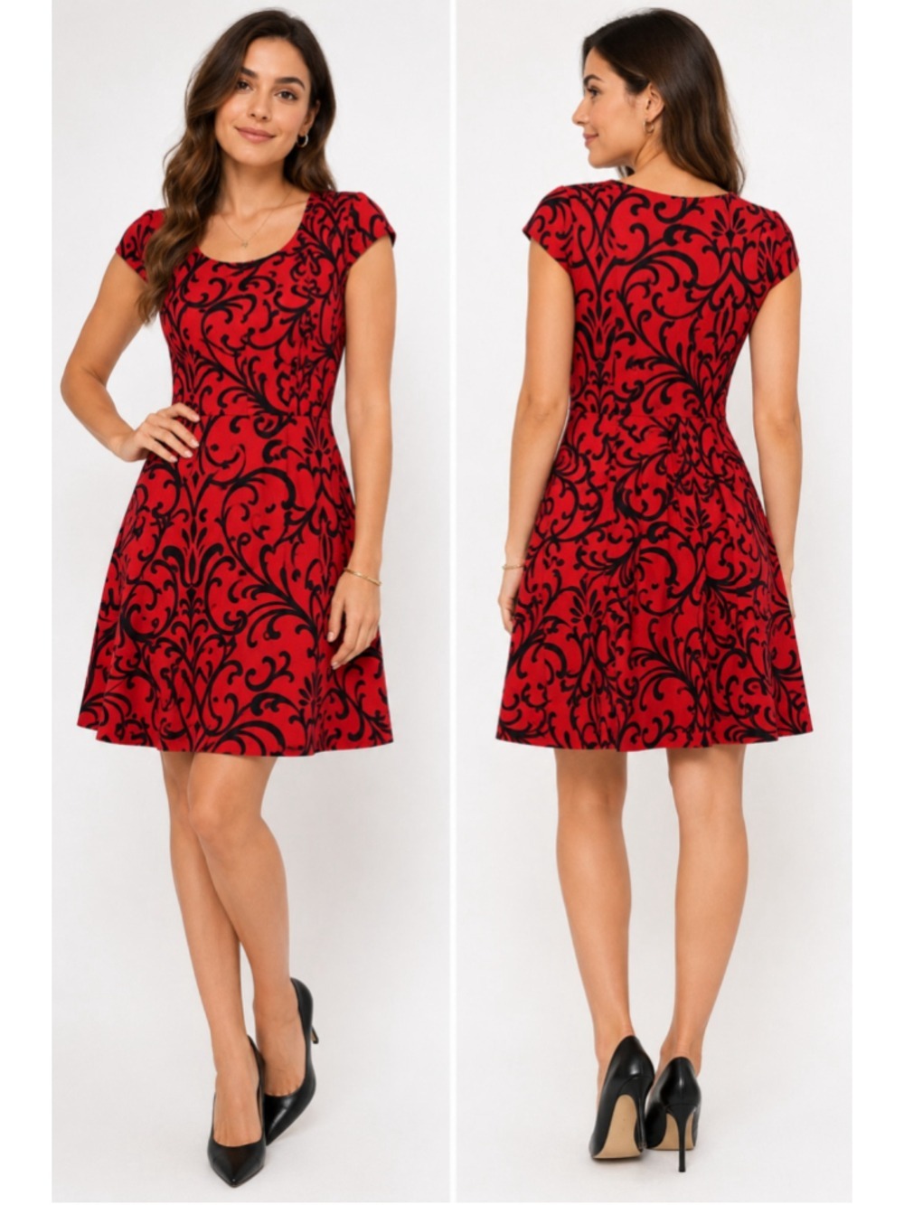 Enfocus Studio Red & Black Damask Print Dress Size 4